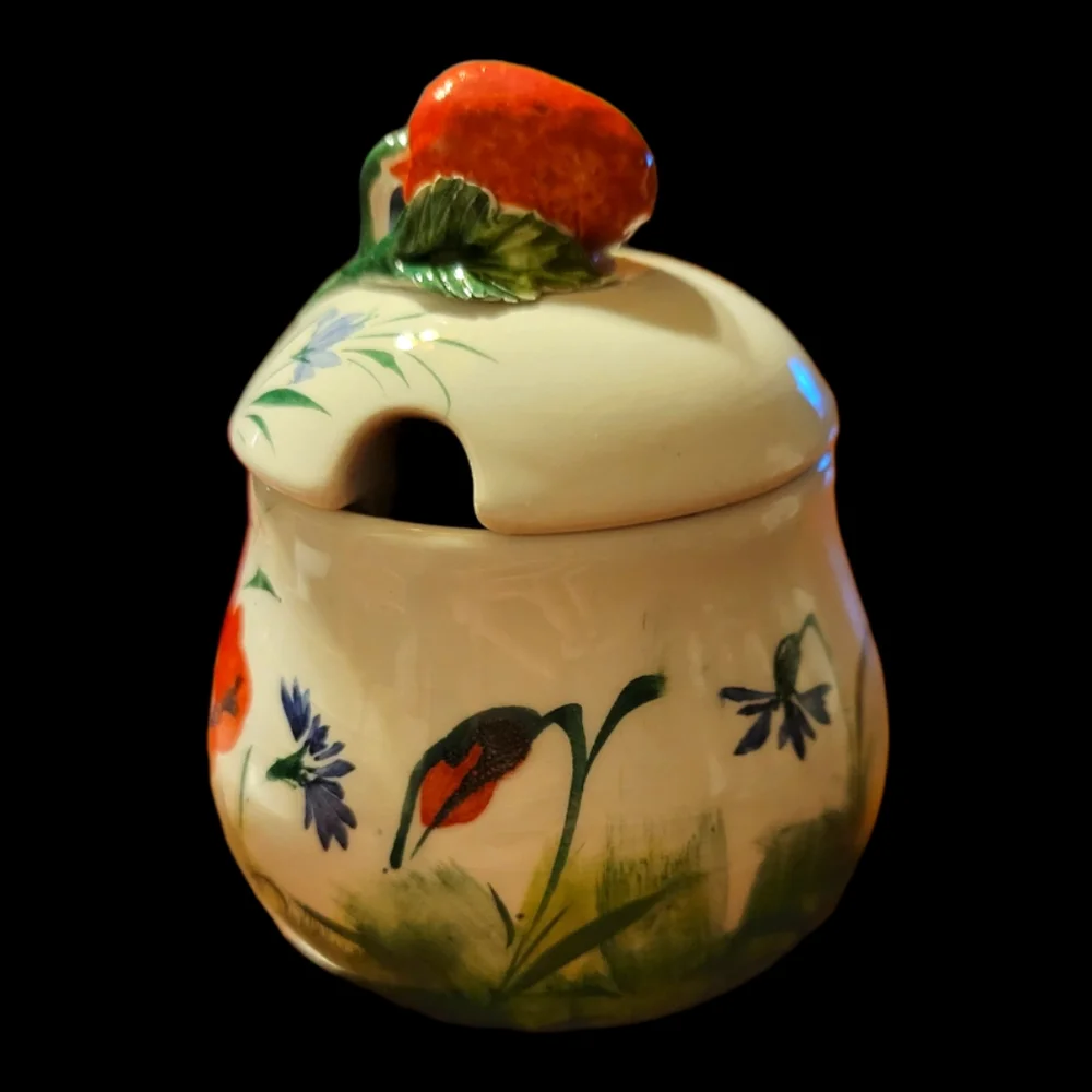 Vtg Creamer & Sugar Bowl Made In Italy Hand Painted Poppy Flowers Ceramic